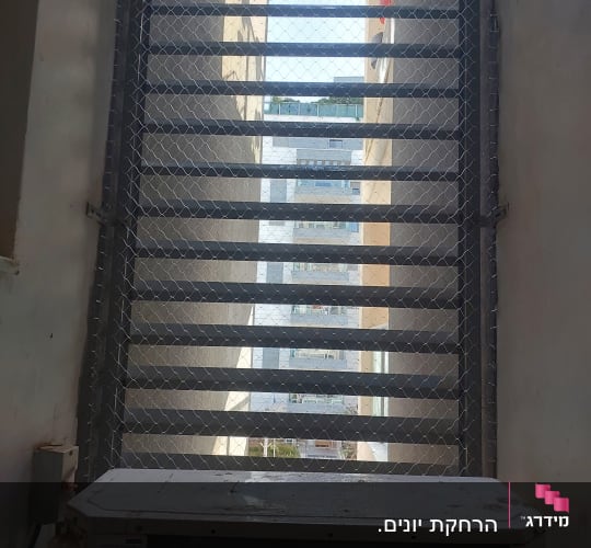 רשת מתכת על חלון למניעת כניסת יונים